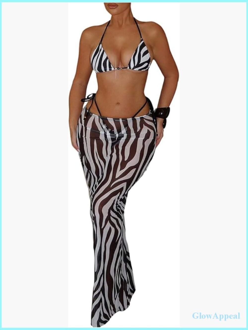 3 Piece Zebra Print Bikini Set Halter Triangle String Swimsuit with Cover Up
